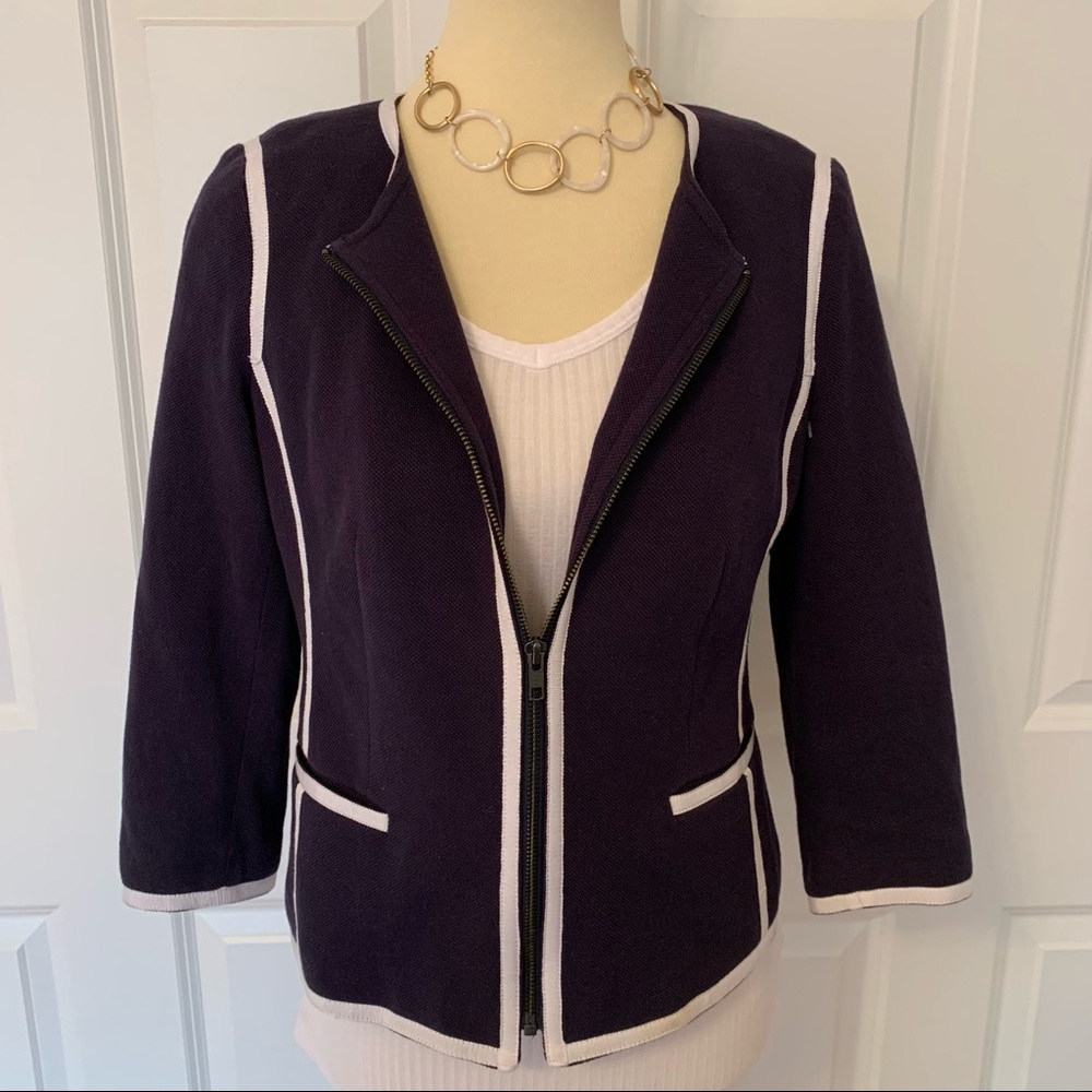 Crown & Ivy Navy Blue Zip Front Jacket with White Piping - Picture 1 of 5